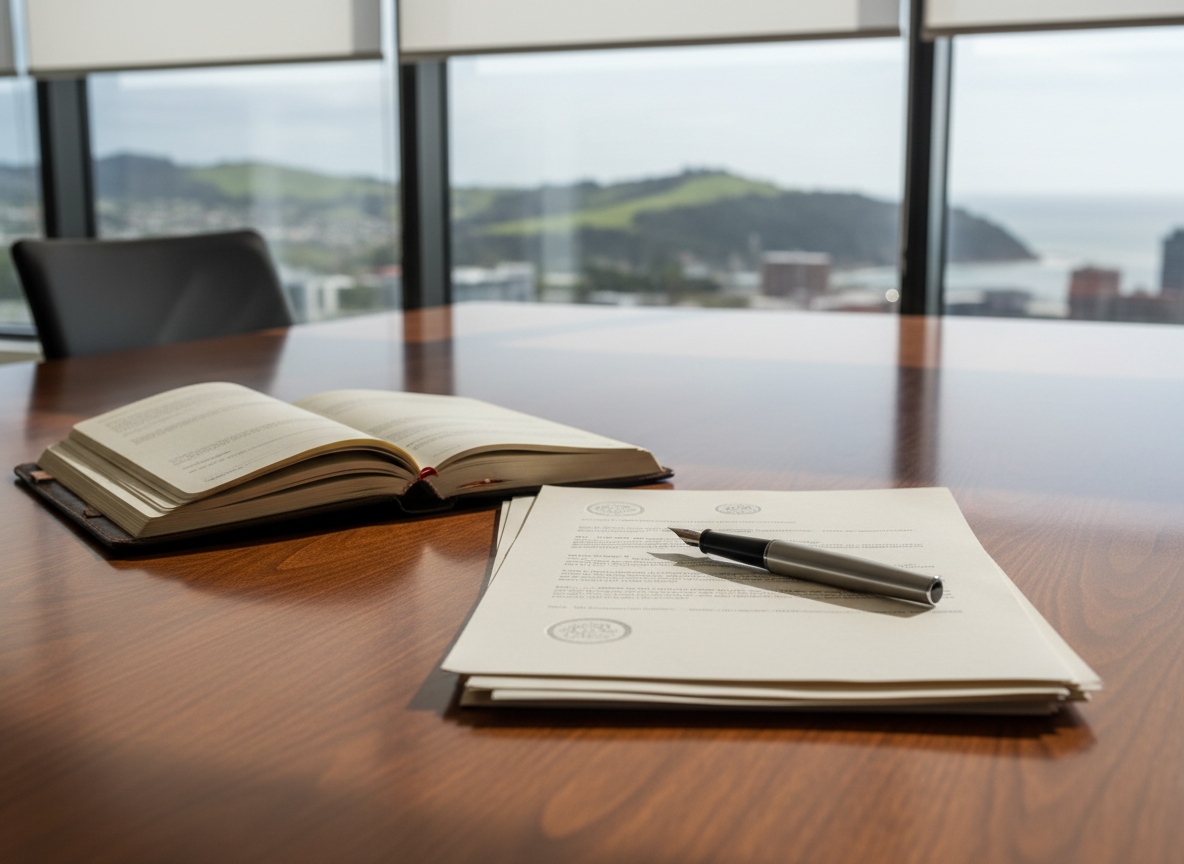 A polished wooden conference table in a bright Wellington office, its surface neatly arranged with an open leather-bound planner, a sleek silver pen, and a tidy stack of official-looking documents with subtle embossed seals instead of readable text. Behind, large windows frame a soft-focus coastal cityscape and green hills suggestive of Wellington. Natural daylight pours in, diffused through sheer blinds, creating gentle reflections on the tabletop and soft shadows along the stationery. Photographed at eye level with a shallow depth of field, the focus rests on the documents and pen, symbolizing professional services, integrity, and community responsibility. The mood is calm, orderly, and trustworthy, with clean, photographic realism and a modern, understated aesthetic suited to a community leader’s personal website.