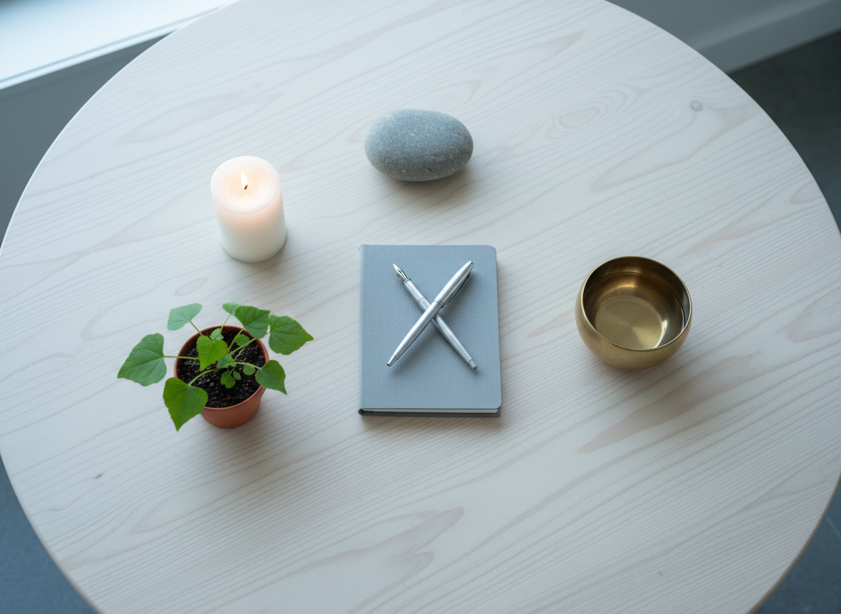 A modern interfaith meeting table crafted from pale wood, seen from above, with four distinct symbolic objects spaced evenly around its edges: a simple unadorned candle, a smooth river stone, a small potted native New Zealand plant, and a plain brass bowl of water. In the center sits a neutral notepad with a blank cover and two pens crossing subtly like an abstract handshake. Soft, cool daylight from a nearby window creates even, shadowless illumination, encouraging a calm, balanced mood. The overhead composition forms a quiet visual mandala, suggesting respectful dialogue and shared values without specific religious iconography. The image is rendered in clean photographic realism, with muted, professional colors, conveying interfaith understanding and community bridge-building aligned with Tahir Nawaz’s leadership.