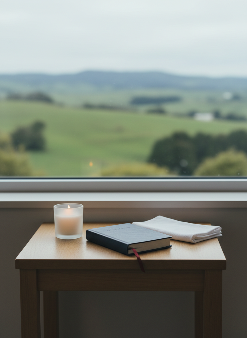 A minimalist chaplaincy reflection corner in a quiet institutional room: a simple light-wood side table holds a small unlit candle in a frosted glass holder, a closed dark-blue journal with a ribbon bookmark, and a neatly folded white cloth. Behind, a large window reveals a softly blurred view of Wellington’s hills under overcast skies. Diffused natural light bathes the scene, creating a gentle glow on the candle glass and soft shadows from the journal. Shot at eye level with a shallow depth of field, the composition centers the candle and journal, evoking spiritual support, listening, and calm presence. The mood is serene and contemplative, in clean photographic realism with muted, professional tones appropriate for volunteer chaplaincy and interfaith care.