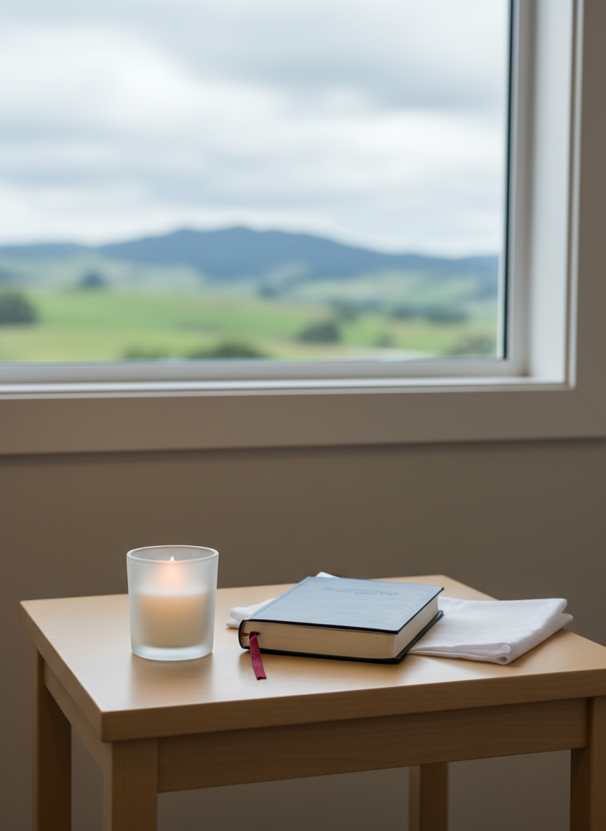 A minimalist chaplaincy reflection corner in a quiet institutional room: a simple light-wood side table holds a small unlit candle in a frosted glass holder, a closed dark-blue journal with a ribbon bookmark, and a neatly folded white cloth. Behind, a large window reveals a softly blurred view of Wellington’s hills under overcast skies. Diffused natural light bathes the scene, creating a gentle glow on the candle glass and soft shadows from the journal. Shot at eye level with a shallow depth of field, the composition centers the candle and journal, evoking spiritual support, listening, and calm presence. The mood is serene and contemplative, in clean photographic realism with muted, professional tones appropriate for volunteer chaplaincy and interfaith care.