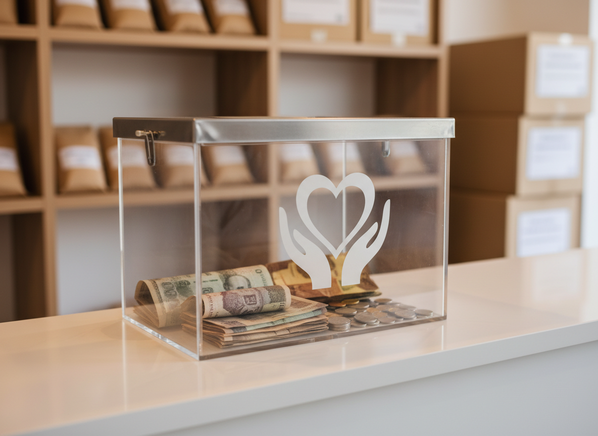 A sturdy donation box for a welfare trust resting on a smooth white reception counter, crafted from clear acrylic with a brushed metal lid and an elegant, abstract heart-and-hands icon instead of text or branding. Inside, a mix of neatly folded banknotes and coins is visible, catching highlights from overhead lighting. In the softly blurred background, shelves display carefully arranged food parcels and neutral-toned boxes, suggesting organized aid distribution. Warm indoor lighting creates a welcoming glow and gentle reflections on the acrylic surface. Photographed at a slightly low angle to give subtle importance to the box, with a moderate depth of field to keep both box and aid supplies recognizable. The mood is compassionate, transparent, and trustworthy, presented in realistic, professional photographic style to represent Deen Welfare Trust’s community support work.