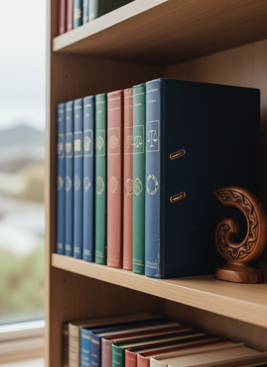 A neat arrangement of well-worn educational books and ring-bound folders standing upright on a light oak shelf, their spines showing diverse colors and subtle icons rather than readable text, suggesting subjects like education, law, and community service. A small, intricately carved wooden koru ornament rests beside them, hinting at New Zealand context and respect for local culture. Soft overcast window light from the left creates gentle gradients on the book covers and delicate shadows behind them. Photographed in close-up at a slight angle, the front book edge is in crisp focus while the background shelves fade into a pleasing bokeh. The atmosphere is studious, reflective, and dedicated, rendered in clean photographic realism, symbolizing Tahir Nawaz’s lifelong commitment to education and learning.