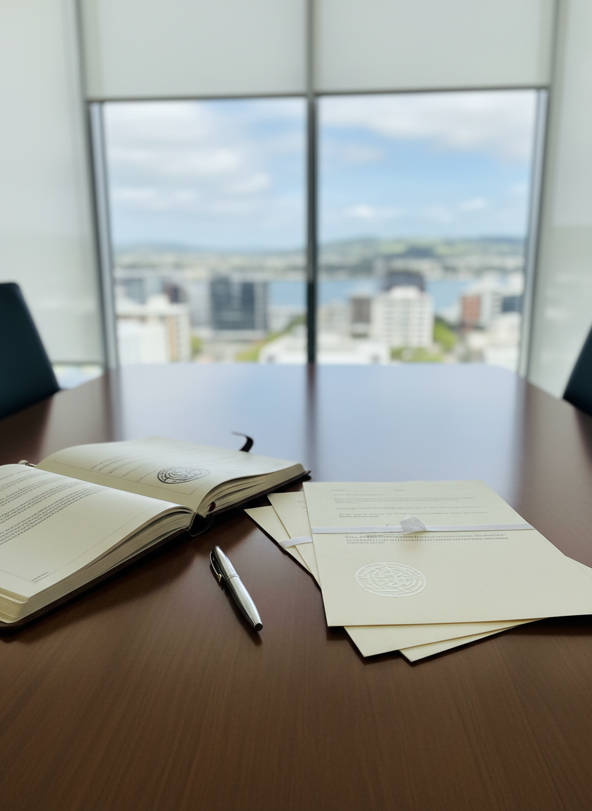 A polished wooden conference table in a bright Wellington office, its surface neatly arranged with an open leather-bound planner, a sleek silver pen, and a tidy stack of official-looking documents with subtle embossed seals instead of readable text. Behind, large windows frame a soft-focus coastal cityscape and green hills suggestive of Wellington. Natural daylight pours in, diffused through sheer blinds, creating gentle reflections on the tabletop and soft shadows along the stationery. Photographed at eye level with a shallow depth of field, the focus rests on the documents and pen, symbolizing professional services, integrity, and community responsibility. The mood is calm, orderly, and trustworthy, with clean, photographic realism and a modern, understated aesthetic suited to a community leader’s personal website.
