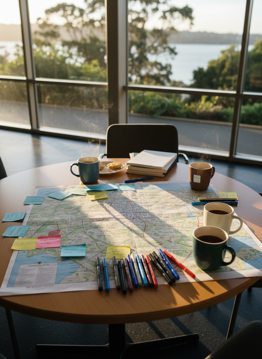A circular wooden table in a quiet community hub, its center occupied by a detailed city map of Wellington printed on thick matte paper, ringed by color-coded sticky tabs and neatly arranged pens. Around the map, several different-coloured ceramic mugs of tea and coffee sit half-full, with faint steam visible above one. Large floor-to-ceiling windows reveal soft-focus greenery and a hint of harbour, lit by late-afternoon golden hour light that casts warm, elongated shadows across the map. Shot from a slightly elevated angle, the composition uses the map as the central focal point, symbolizing inclusive community planning and leadership. The mood is collaborative and hopeful, captured in realistic, documentary-style photography with natural, warm tones and a sense of ongoing conversation without showing any people.