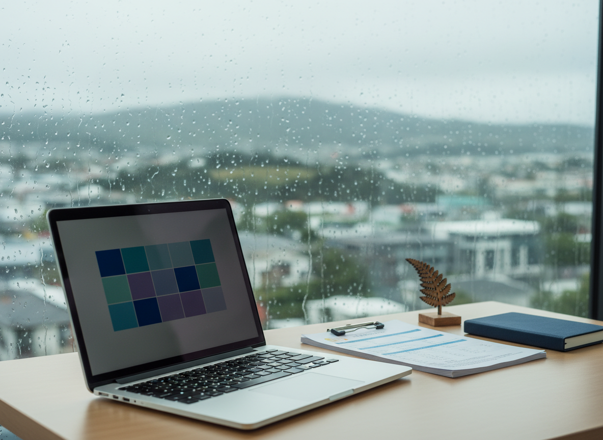 A compact home office desk overlooking a rain-speckled window with a misty suggestion of Wellington’s hills beyond. On the desk, a slim laptop sits open beside a neatly stacked set of printed reports clipped together, a closed bound notebook, and a small carved wooden fern emblem. A digital calendar on the laptop screen is just an abstract grid of soft colors with no readable text. Cool, diffused daylight from the rainy sky creates soft reflections on the laptop and a gentle sheen on the desk surface. Photographed from a three-quarter angle with moderate depth of field, the foreground objects are sharp while the city view blurs into gentle bokeh. The mood is focused, reliable, and approachable, evoking remote appointment booking and responsive community service, in realistic, professional photographic style.