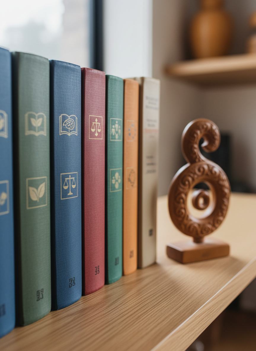 A neat arrangement of well-worn educational books and ring-bound folders standing upright on a light oak shelf, their spines showing diverse colors and subtle icons rather than readable text, suggesting subjects like education, law, and community service. A small, intricately carved wooden koru ornament rests beside them, hinting at New Zealand context and respect for local culture. Soft overcast window light from the left creates gentle gradients on the book covers and delicate shadows behind them. Photographed in close-up at a slight angle, the front book edge is in crisp focus while the background shelves fade into a pleasing bokeh. The atmosphere is studious, reflective, and dedicated, rendered in clean photographic realism, symbolizing Tahir Nawaz’s lifelong commitment to education and learning.