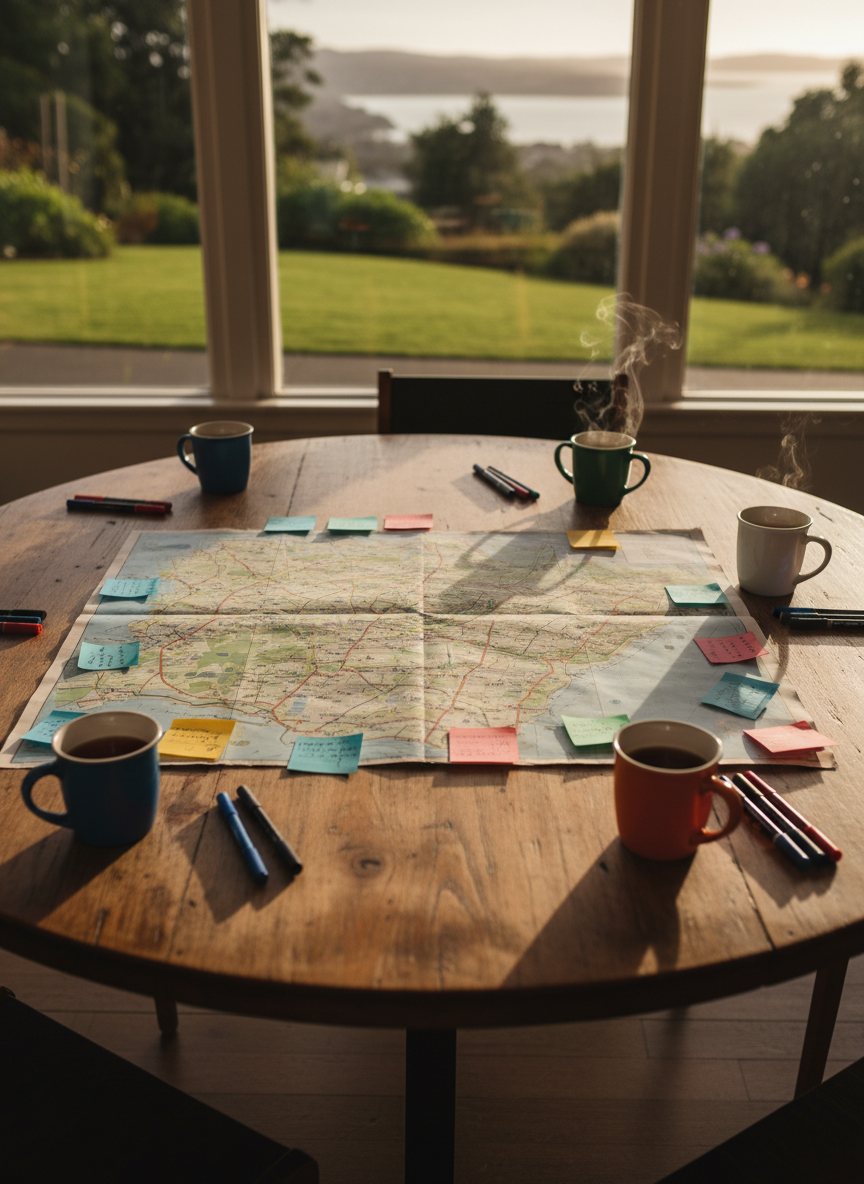 A circular wooden table in a quiet community hub, its center occupied by a detailed city map of Wellington printed on thick matte paper, ringed by color-coded sticky tabs and neatly arranged pens. Around the map, several different-coloured ceramic mugs of tea and coffee sit half-full, with faint steam visible above one. Large floor-to-ceiling windows reveal soft-focus greenery and a hint of harbour, lit by late-afternoon golden hour light that casts warm, elongated shadows across the map. Shot from a slightly elevated angle, the composition uses the map as the central focal point, symbolizing inclusive community planning and leadership. The mood is collaborative and hopeful, captured in realistic, documentary-style photography with natural, warm tones and a sense of ongoing conversation without showing any people.